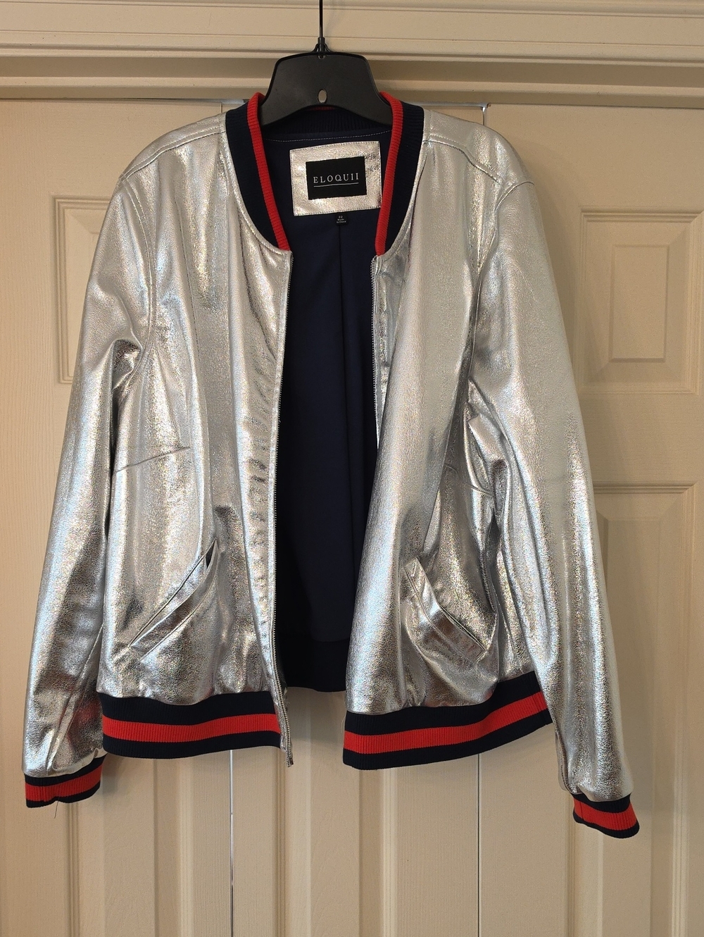 Eloquii Silver Metallic Bomber Jacket with Navy & Red Trim - Picture 2 of 5